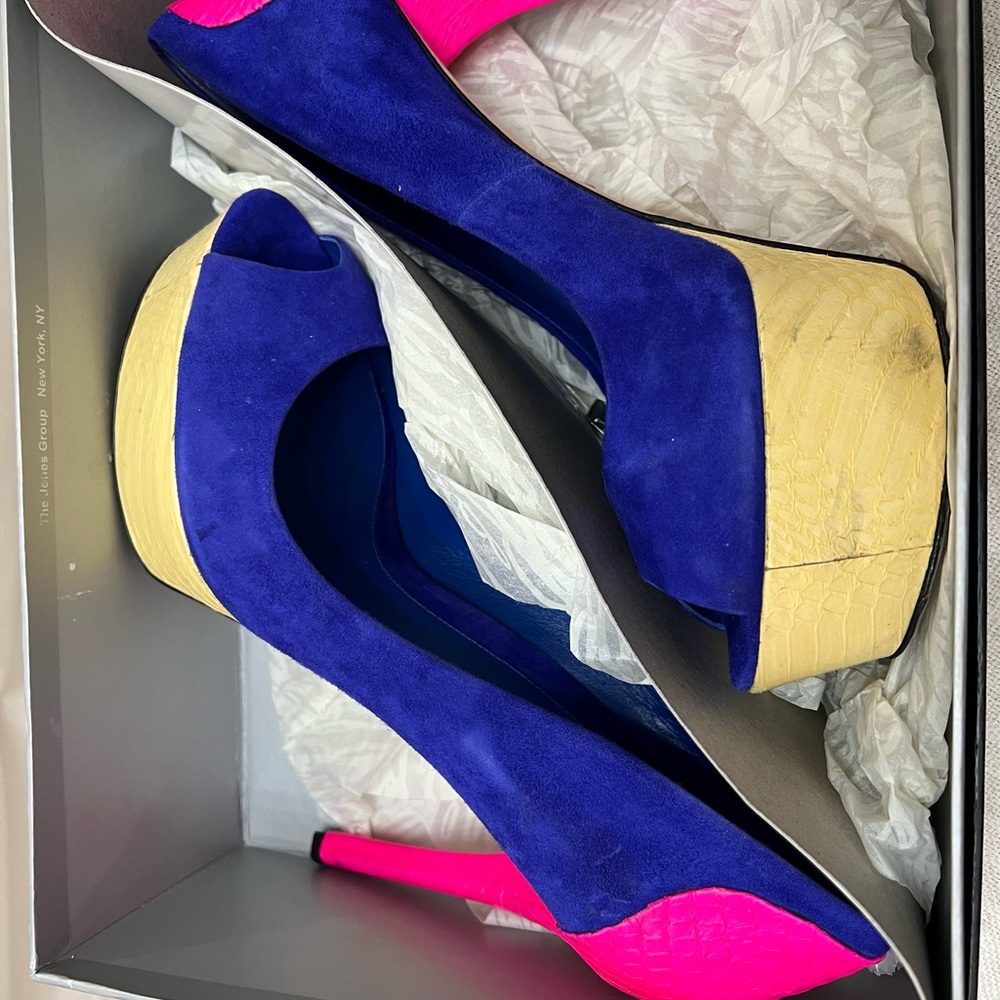 Brian Atwood Blue and Pink Peep Toe Heels